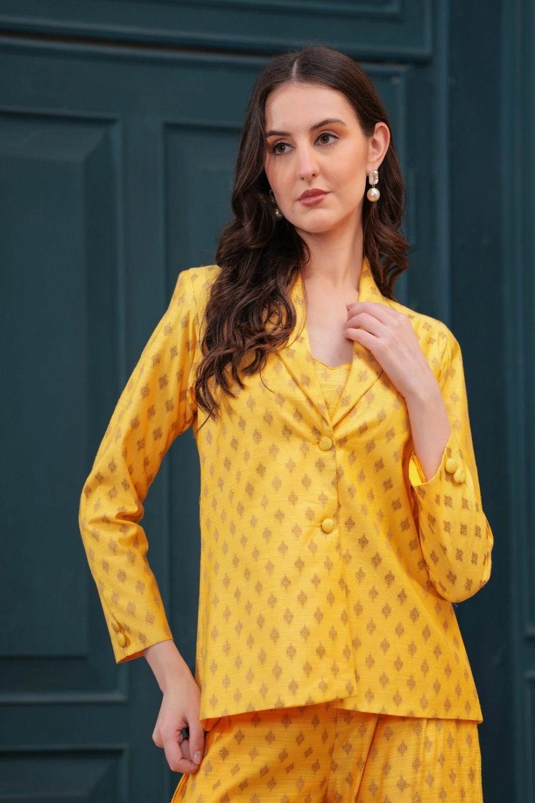 Butter Yellow Banarasi Blazer Set