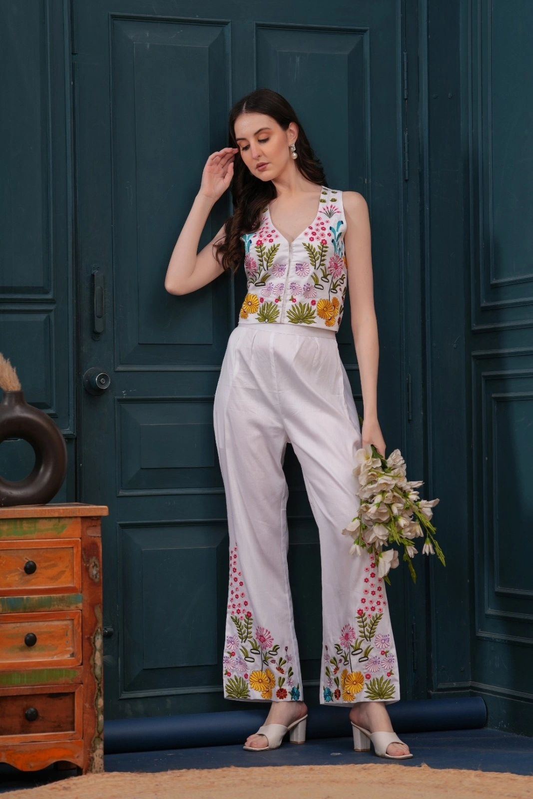 White Multicoloured hand embroidered co-ord set