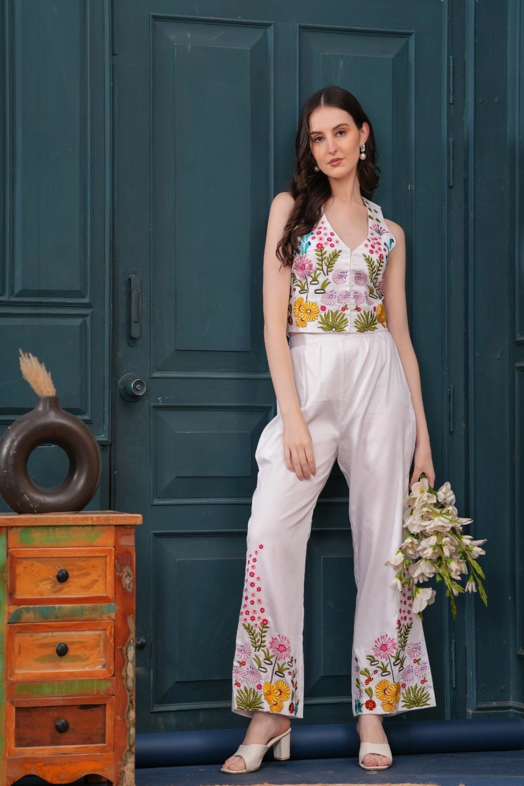 White Multicoloured hand embroidered co-ord set