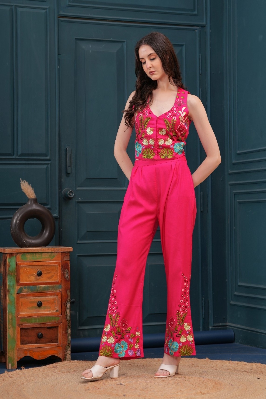 Rani Pink Multicoloured hand embroidered co-ord set