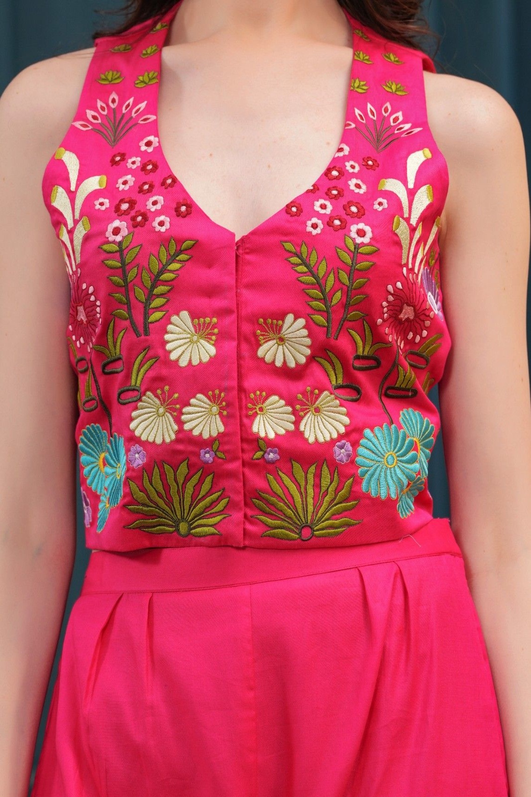 Rani Pink Multicoloured hand embroidered co-ord set