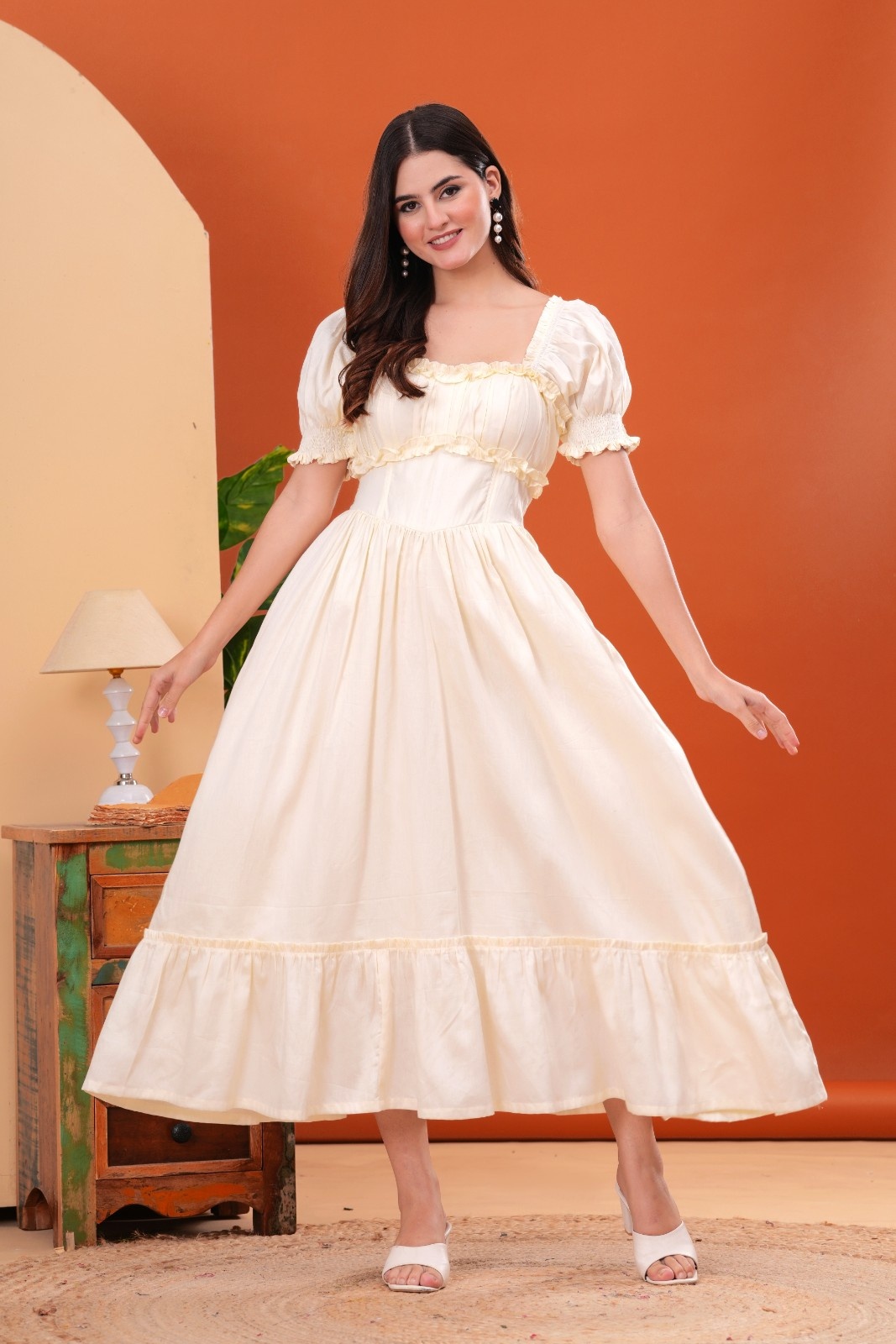 Vanilla Ruffle Romance Corset Midi Dress hover