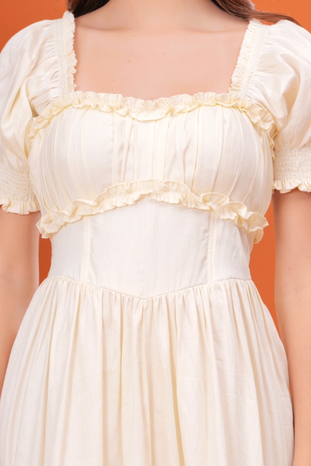 Vanilla Ruffle Romance Corset Midi Dress