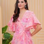 Flamingo Pink Knot Detail Wrap Dress