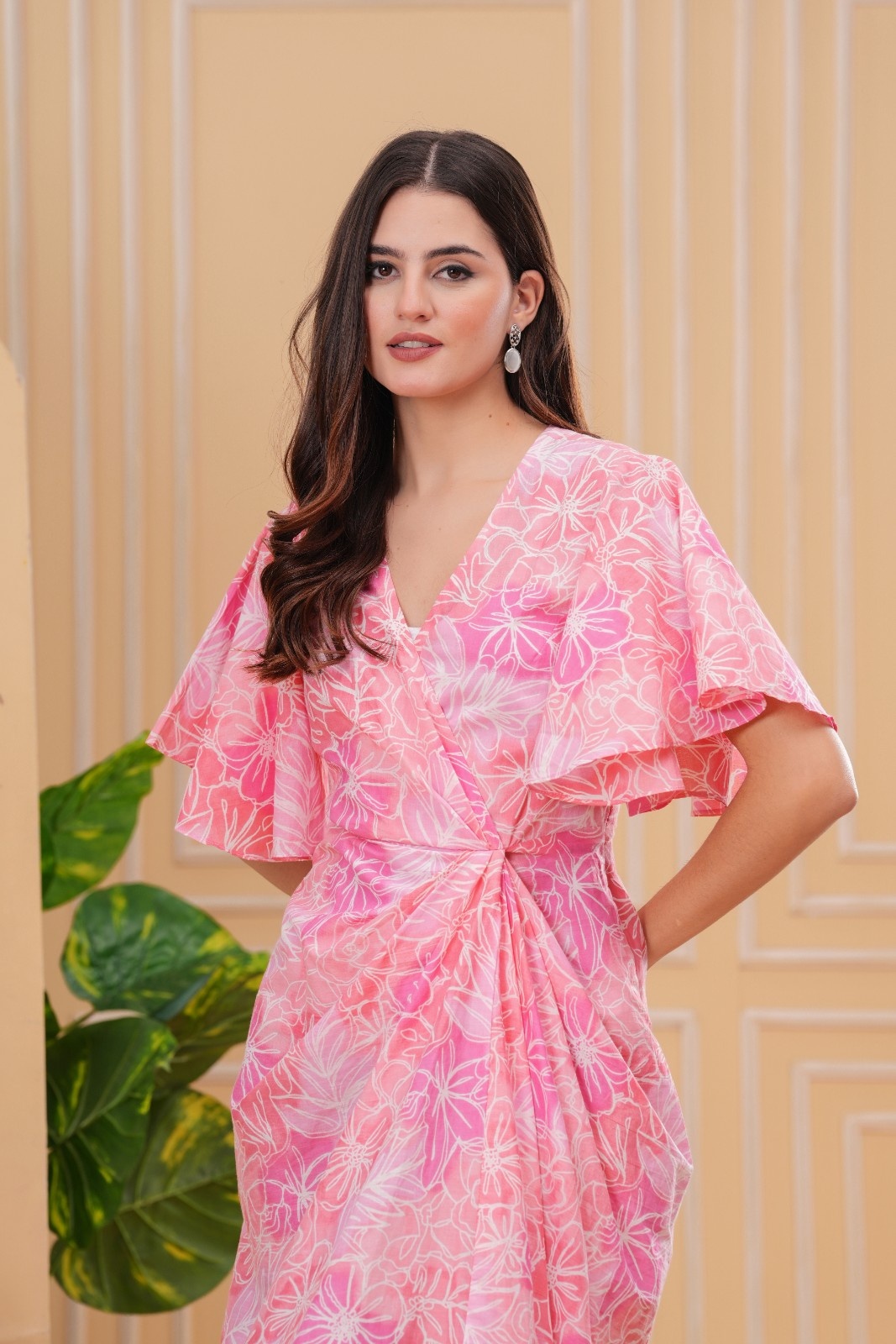 Flamingo Pink Knot Detail Wrap Dress