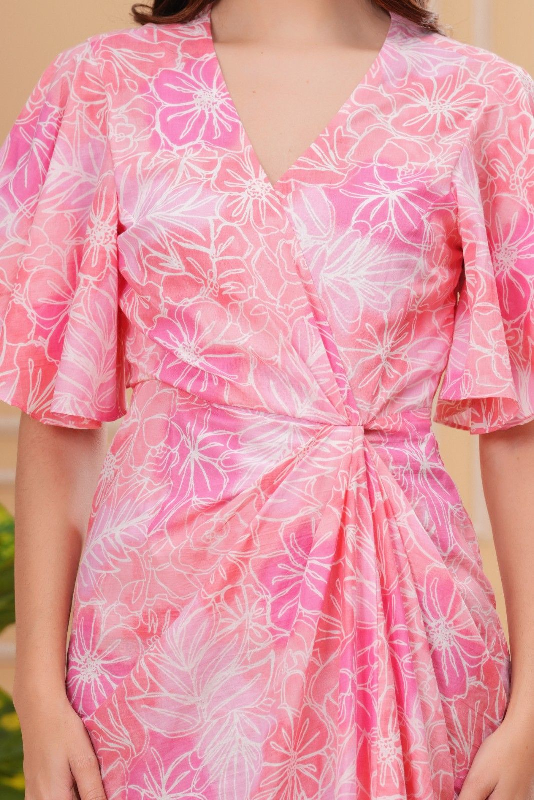 Flamingo Pink Knot Detail Wrap Dress