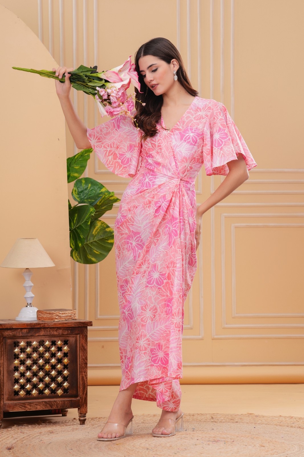 Flamingo Pink Knot Detail Wrap Dress
