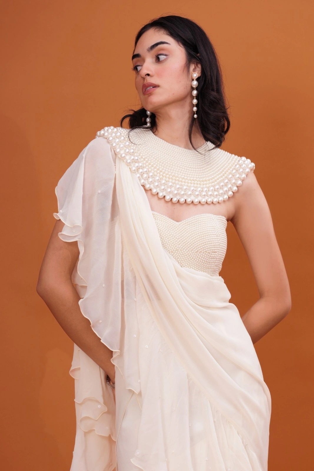 Ivory Ruffle Cascade Pre-Draped Saree with Pearl Blouse hover