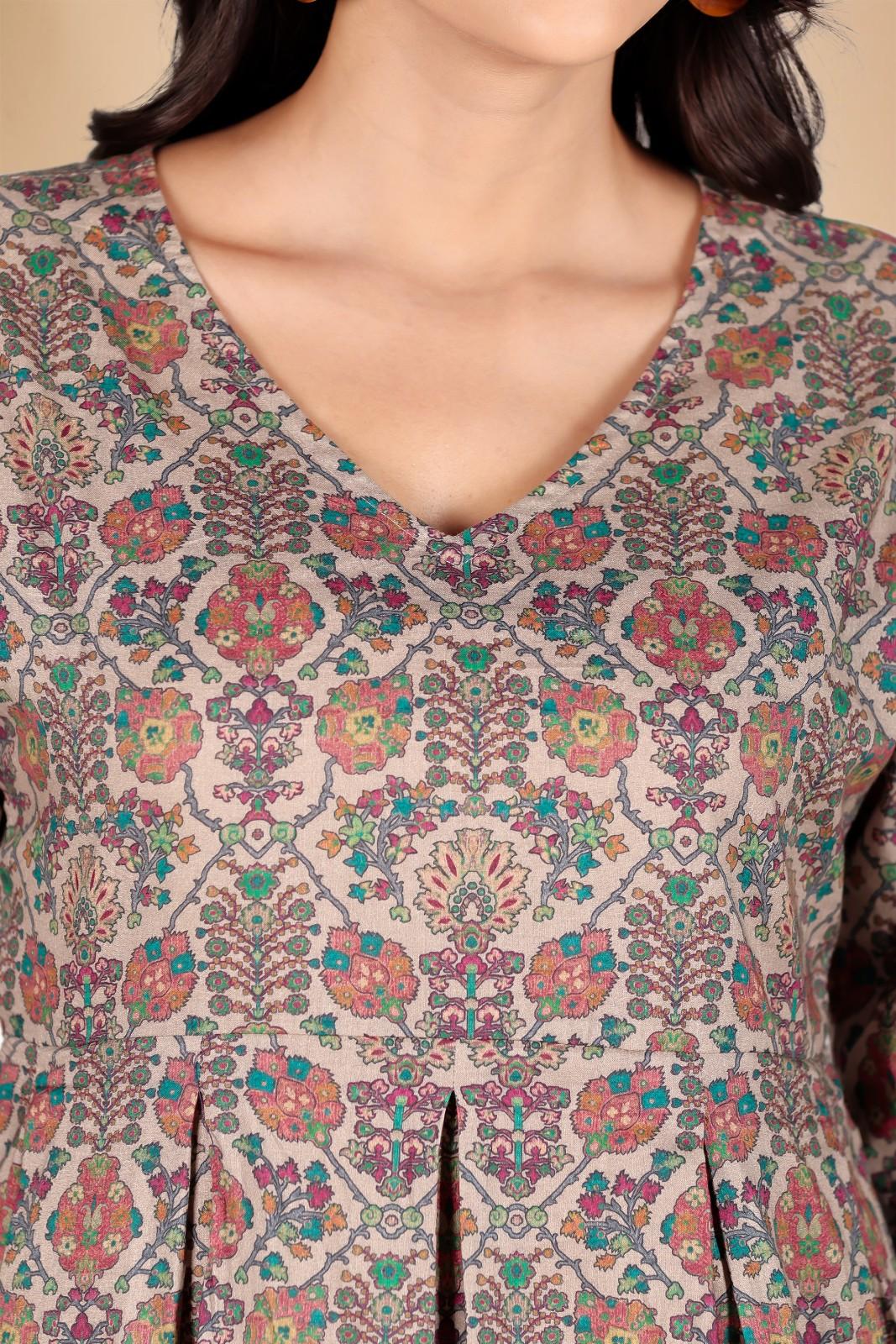Light brown multicolored floral printed box pleated co-ord set