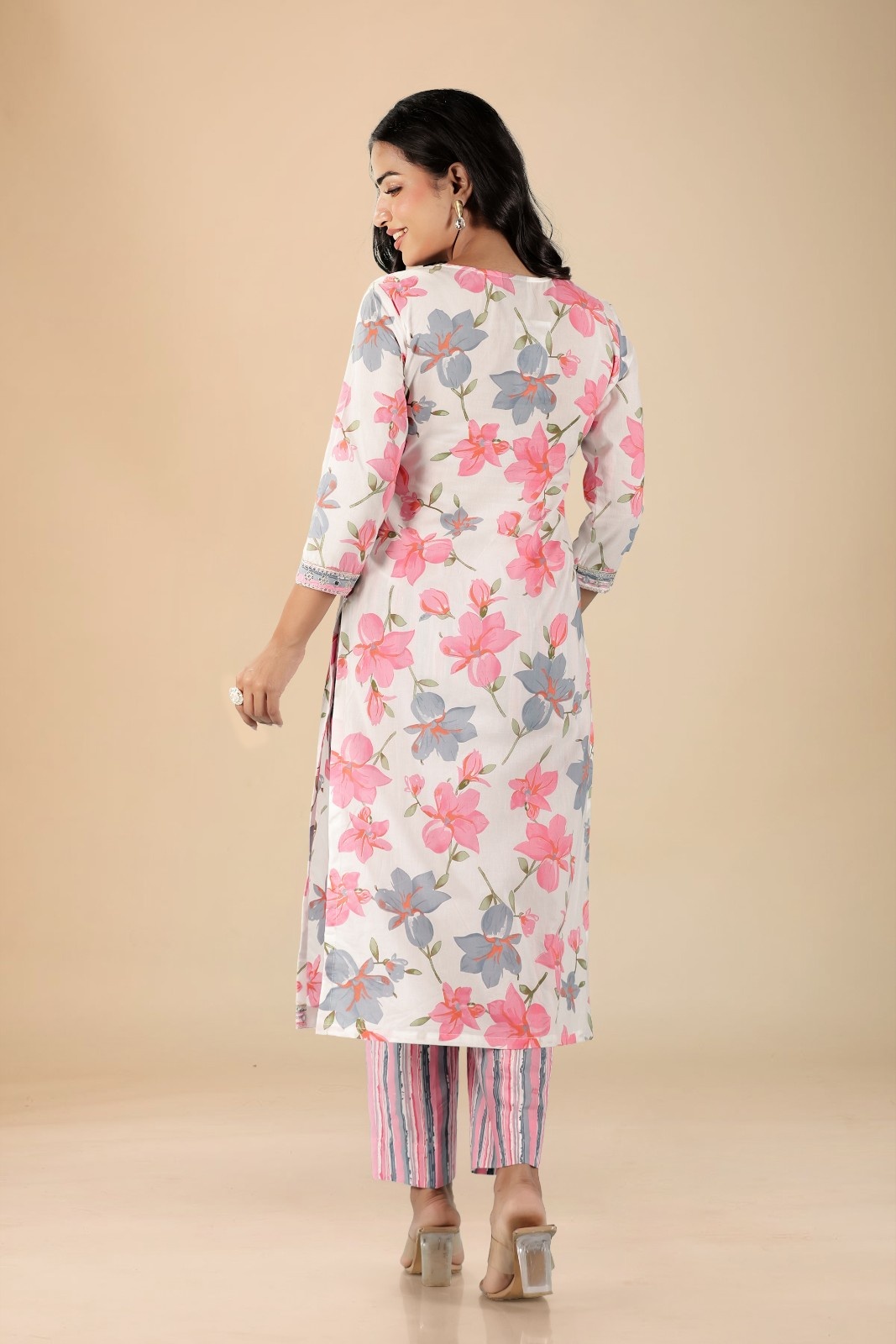 White Pink Floral Embroidered Kurta Set