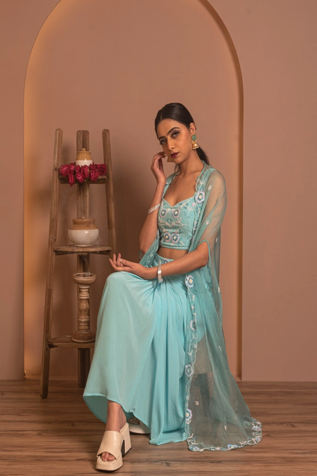 Aqua Bloom Draped Set with Embroidered Cape