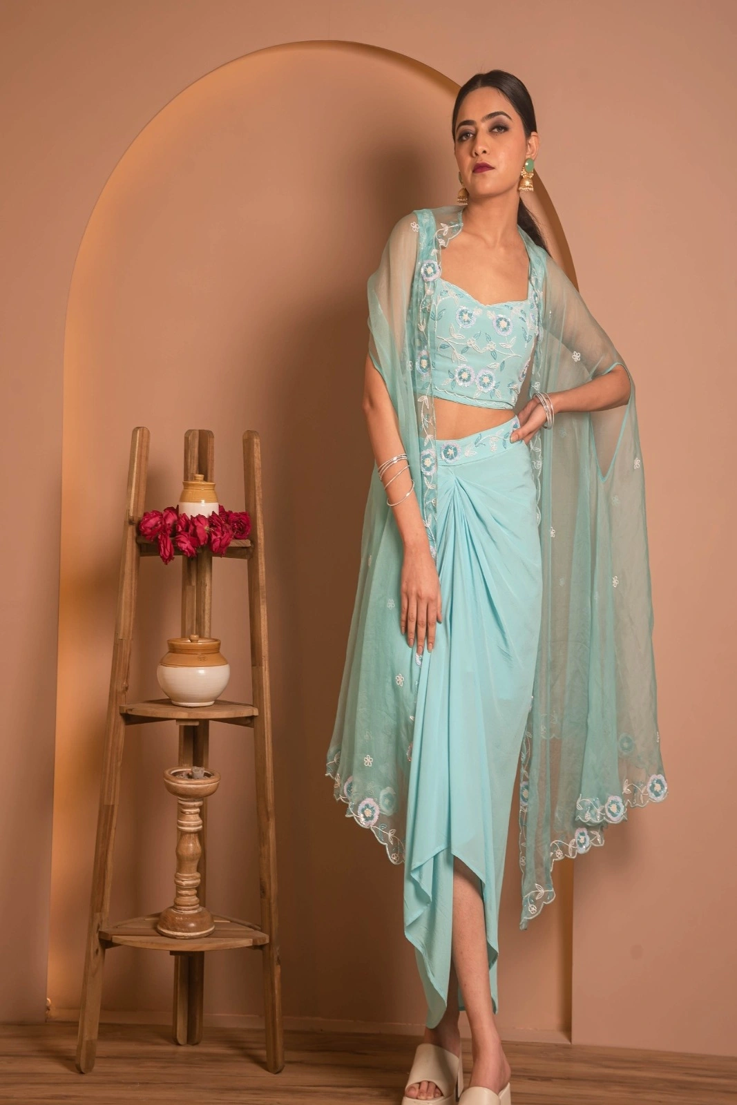 Aqua Bloom Draped Set with Embroidered Cape