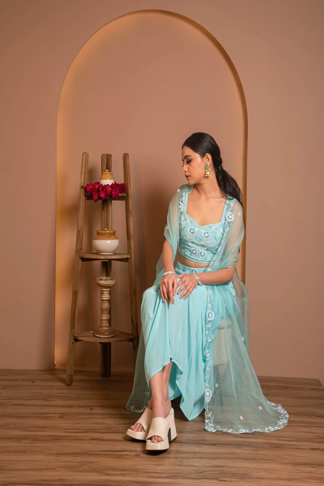 Aqua Bloom Draped Set with Embroidered Cape