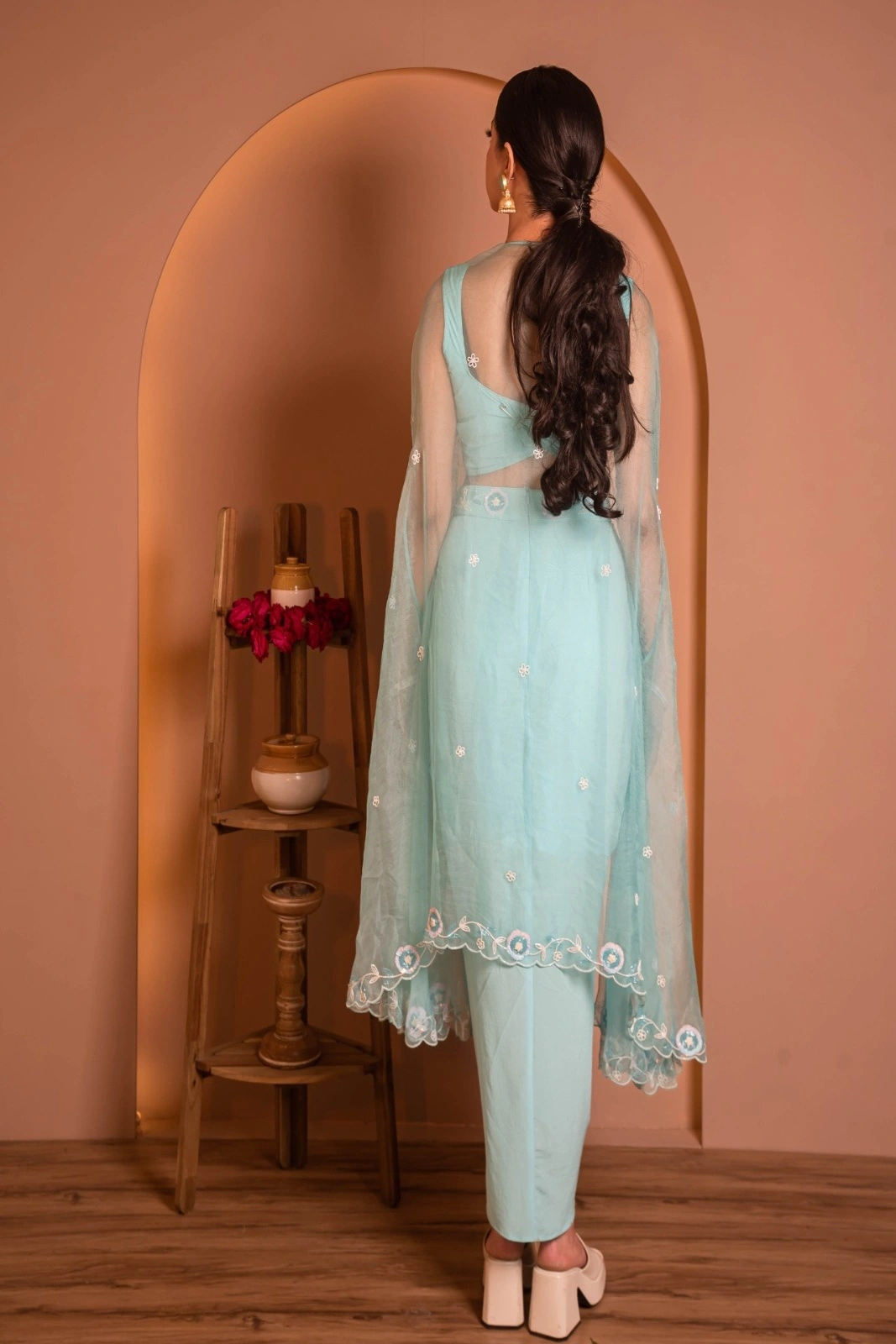 Aqua Bloom Draped Set with Embroidered Cape