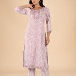 Mauve Floral Embroidered Kurta Set