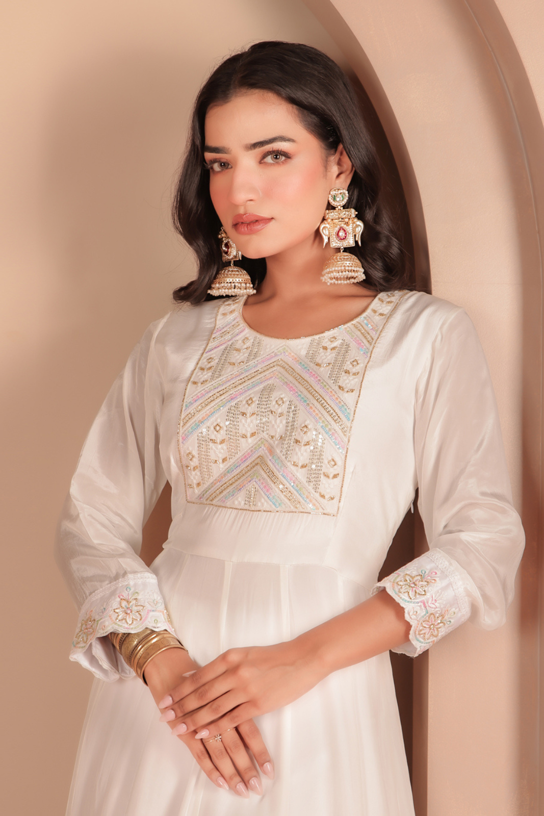 White Hand-Embroidered Crepe Anarkali