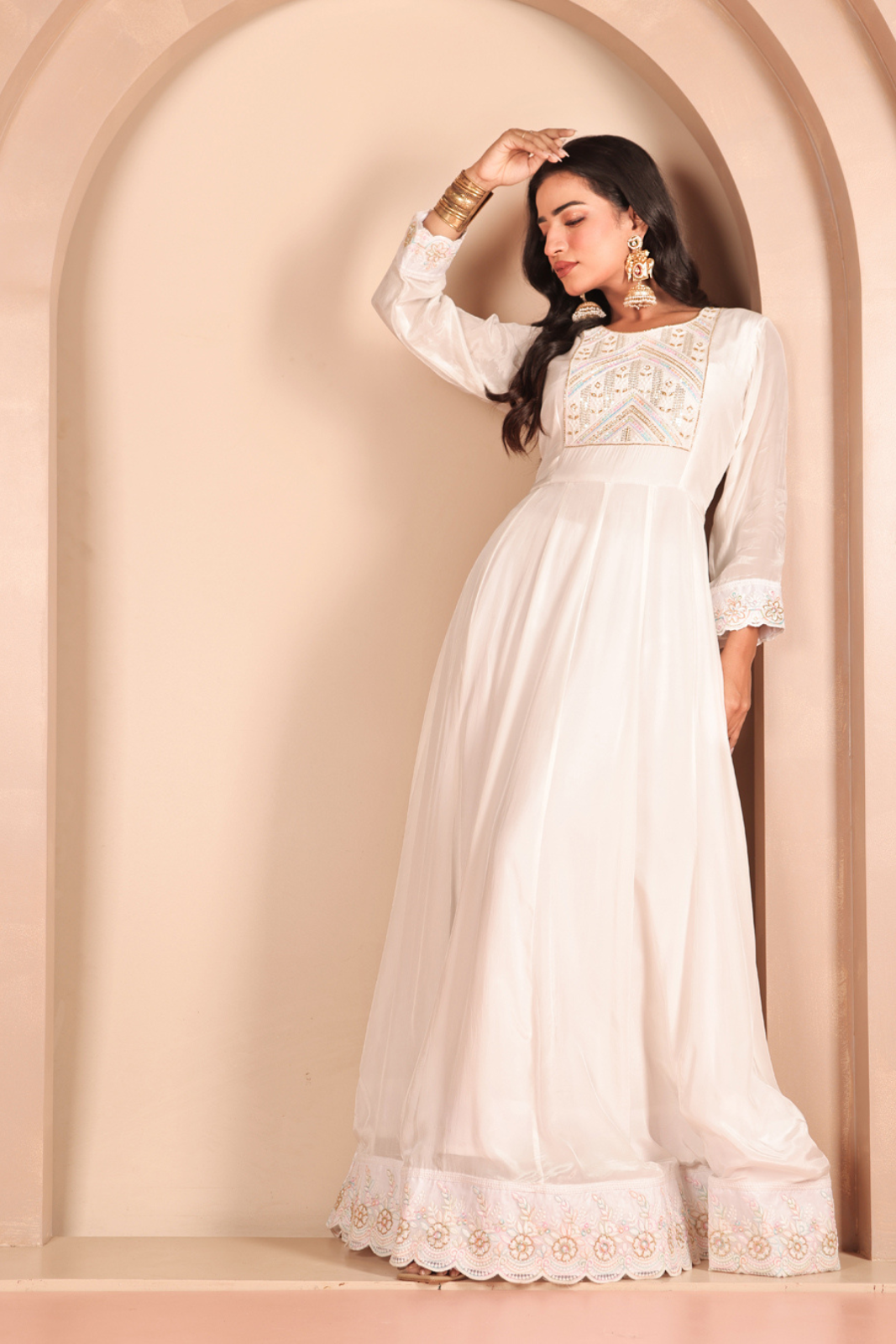 White Hand-Embroidered Crepe Anarkali
